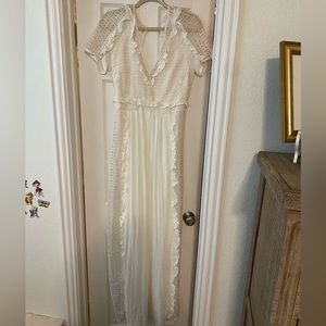 White maxi dress with linen detailing